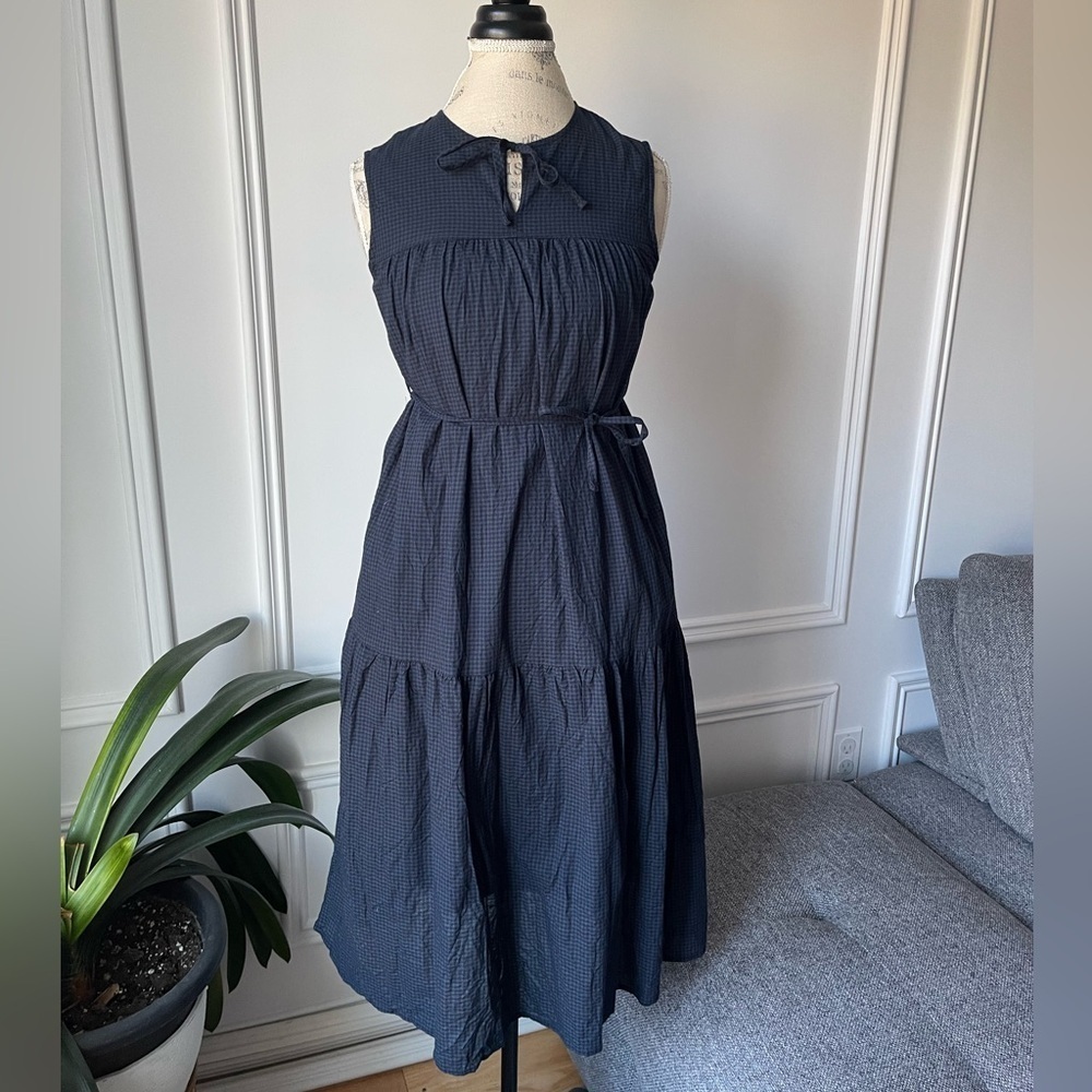 Navy blue gingham midi dress